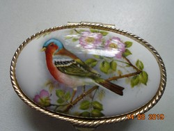 Ezüstözött cizellált fém szelence színes madár virág mintás porcelán betéttel