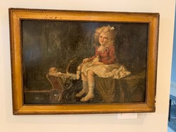Kislány babával , olaj , karton festmény