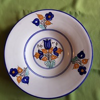 Habán fali tál - kék-fehér virágos tányér