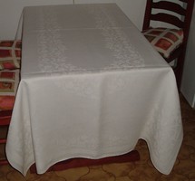 Nagyméretű, régi, vastag, fehér damaszt asztalterítő, abrosz, 220x129