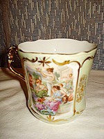 Egyedi lüszteres porcelán jelenetes, aranyozott csésze, pohár, bögre 4 dl-es