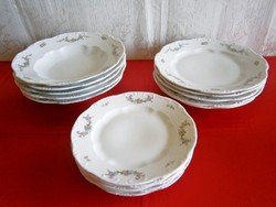 5-5-5 db antik pajzspecsétes Zsolnay porcelán virág girlandos lapos, mély és süteményes tányér