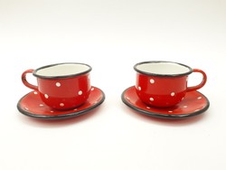 Zománcos piros pöttyös kávéscsészék - zománcozott mokkás eszpresszós bádog csésze szett 2 személyre