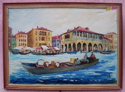 Velencei csónakázás, háttérben a Regatta Storica piaci nyüzsgése, szignált festmény
