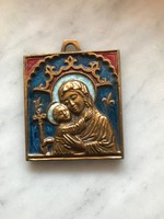 Szépen kidolgozott réz zománcozott utaró ikon Mária Kis Jézussal