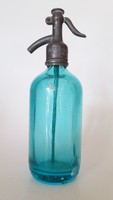 Régi kék szódásüveg " Juhász János szikvízgyártó Szelevény 1947 " szódás üveg