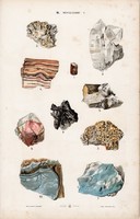 Hegyi kristály, fluorit, apatit és opál, jáspis, ónix, litográfia 1885, eredeti, 26 x 42 cm, ásvány