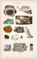 Opál, jáspis, ónix és hegyi kristály, fluorit, apatit, litográfia 1885, eredeti, 26 x 42 cm, ásvány