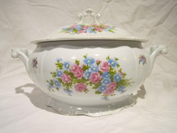 Nagy füles fedeles virágos Zsolnay festett porcelán leveses kínáló tál