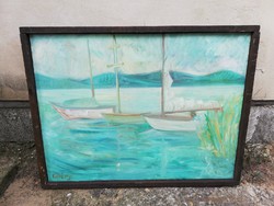 Contemporary painter Attila Korényi Balaton harbor sailing landscape still life large oil painting