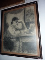 Bernáth Aurél: Sári a szalonban, eredeti dedikált szénrajz, 1915