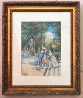 Antik francia akvarell festmény 1896-ból.