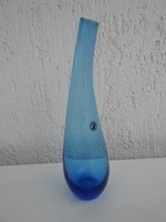 Jelzett iparművészeti egyedileg fújt kék  egyszál virág váza