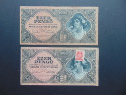 2 darab 1000 pengő 1945 bélyeggel - bélyeg nélkül 
