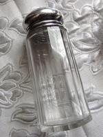 Antik üveg porcukorszóró ezüstözött fedővel 