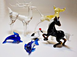 6 db. üvegből készült állatka, delfin , ló, kutya ,szarva, kacsa