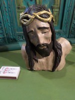 17 x 17 cm-es , régi , festett , kerámia Krisztus fej , Margitsziget jelzéssel . 