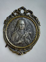 Régi Szent Teréz vallásos kép, aranyozott réz keretben ezüst ötvözet