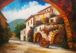 Mediterranean street with flowers oil painting