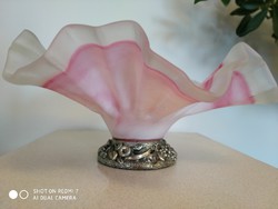 Nagyméretű üveg asztalközép tál kínáló rózsaszín