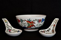 Kínai porcelán rizses tál + 2 kanál pillangó dekorral 