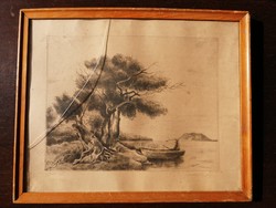 Lellei part horgásszal antik jelzett tájkép rézkarc