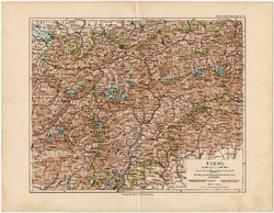 Tirol térkép 1892, eredeti, Meyers atlasz, német nyelvű, Ausztria, Hohe Tauern, hegy, Alpok