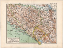 Bosznia és Montenegró térkép 1892, eredeti, Meyers atlasz, német ny., Balkán, Szerbia, Hercegovina