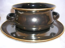 Fém - zománcozott - leveses csésze + tányér - aranyozott - vastag fém - 3,5 dl - tányér 17 cm - új