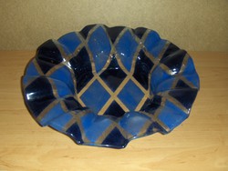 Kék rombusz mintás fodros szélű üveg kínáló tál 36 cm (g)