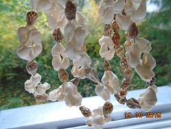 Fehér és bézs barna mintás kagylókból fűzve "csokros" hosszú nyaklánc 90 cm
