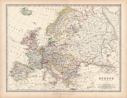 Európa térkép 1883, eredeti, atlasz, Keith Johnston, angol, 36 x 47 cm, monarchia, politikai, ország