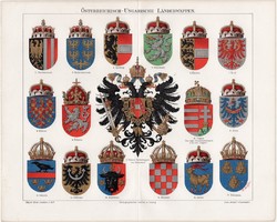 Osztrák - Magyar Monarchia országainak címerei, litográfia 1896, eredeti, német, Magyarország, címer