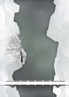 Moira Risen: Winter is Approaching - River Contemporary Signed Fine Art Print, Minimalist Landscape Old Stone Bridge