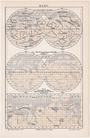 Mars térkép 1896, német nyelvű, litográfia, eredeti, csillagászat, bolygó, felszín, Naprendszer