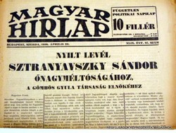 1938 4 20  /  Nyílt levél SZTRANYAVSZKY SÁNDORHOZ  /  MAGYAR HIRLAP  /  Szs.:  11984