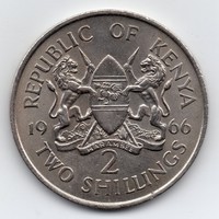 Kenya 2 Shilling, 1966, ritka, szép, nagy, hátlapi körirat nélkül