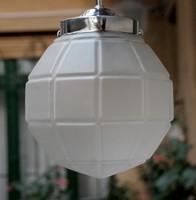 Art nouveau - Art deco krómozott mennyezeti lámpa felújítva - savmart geometrikus üvegbúra  