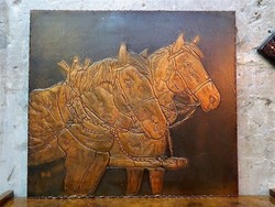 Nagyméretű lovas motívumos retro réz falikép / falidísz