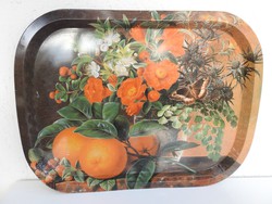 Vintage nagyméretű asztali virág- gyümölcs csendélet mintájú fém tálca