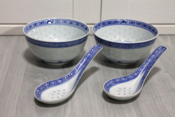 Két darab sárkány mintás kínai porcelán rizstál, levesestál kanállal együtt