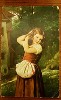 Régi képeslap 1957 kislány cseresznyével 
