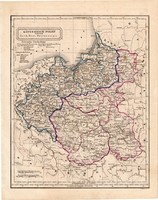 Lengyel királyság térkép 1854, német nyelvű, eredeti, atlasz, Kelet - Poroszország, észak