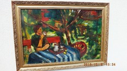 Czobel, 40x60 old oil on canvas blind, woman drinking tea