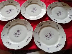 5 db antik Zsolnay porcelán lapos tányér, ritka lila mintás 