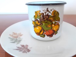 Retro őszi mintás zománcos bögre régi faleveles porcelán tányér 