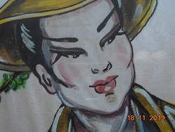 Vietnámi festmény selyemre Blondel rámában kalligrafikus szignóval zenélő fiatal hölgy portréja