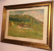 Tóth B. László (1906-1982): Faluszéli házak, akvarell, papír, jelzett, keretben, 40 x 51 cm