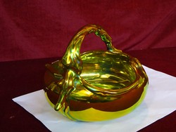 Zsolnay porcelán füles kosár, asztalközép, eozinmázas, az arany dominál. Magassága 14 cm.