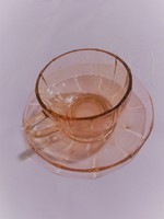 Régi rózsaszín üveg  teás csésze,alátéttel